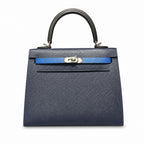 Kelly 25cm Epsom leather 2Z Blue Nuit midnight blue with 89 Noir black with 71 Bleu France French blue top handcraft! Counter quality!