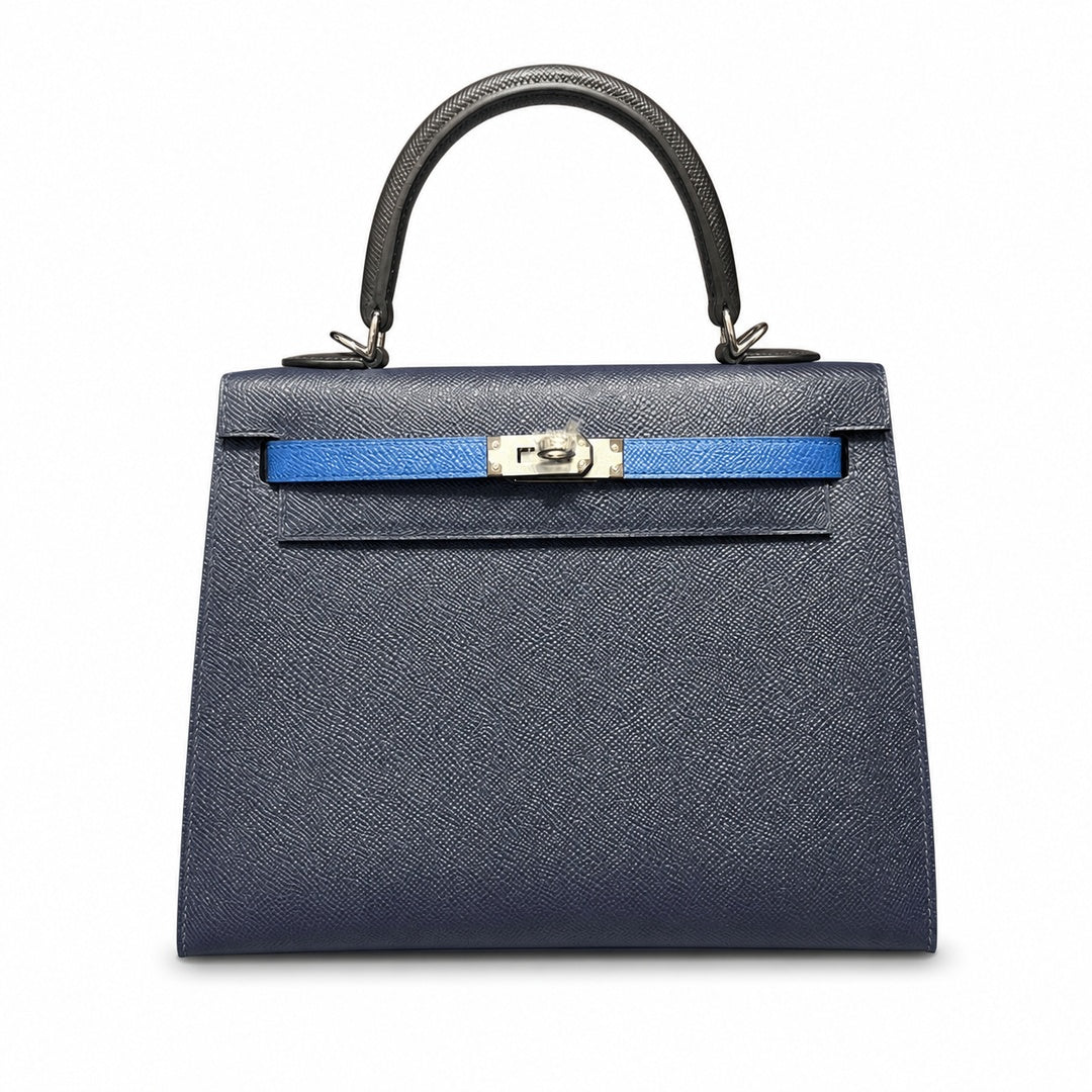 Kelly 25cm Epsom leather 2Z Blue Nuit midnight blue with 89 Noir black with 71 Bleu France French blue top handcraft! Counter quality!