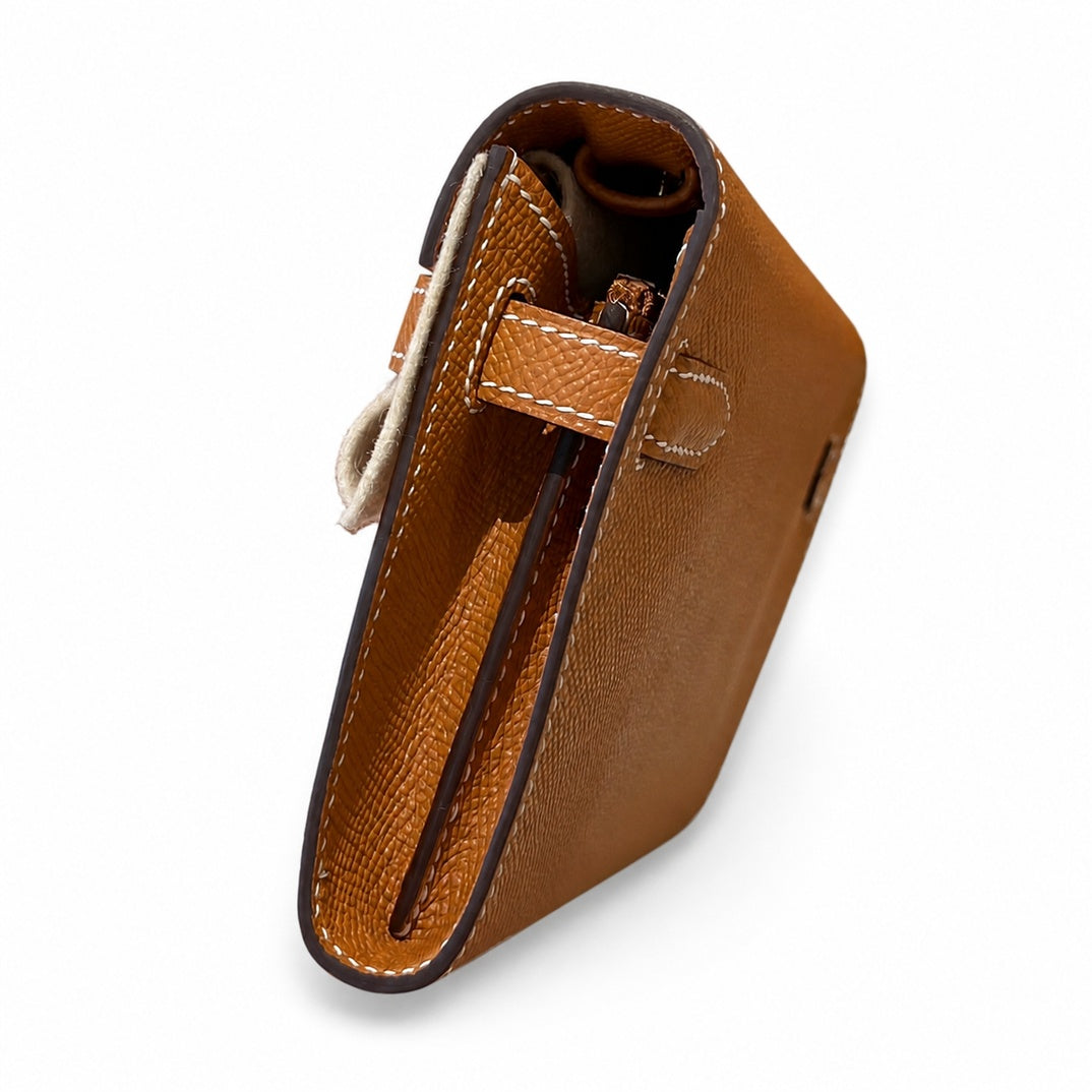 Style: Kelly to go Color: ck37/gold Size: 19*11.5*1.5cm Leather: epsom From France Hardware: gold Kelly crossbody bag, golden brown, cowhide, gold buckle, high-end handmade exclusive customization‼ ️P