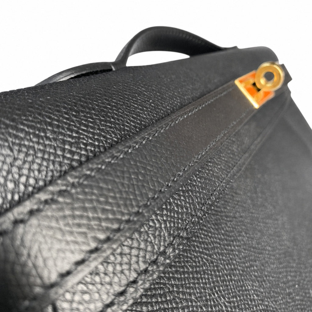 Kelly cut clutch evening bag epsom leather wax thread hand-stitched black gold buckle