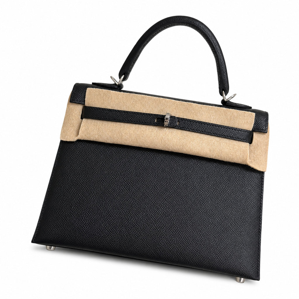 Black, gold and silver buckle, Kelly 25, imported Epsom