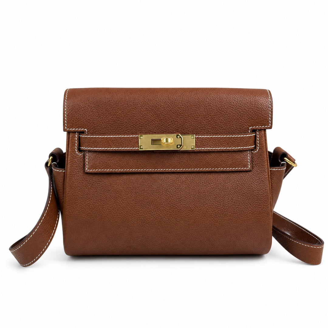 🆕 In stock Kelly Messenger messenger bag for men and women, Fubao leather gold brown gold buckle, imported leather, all-steel hand-waxed thread, the highest cost performance on the Internet. The class