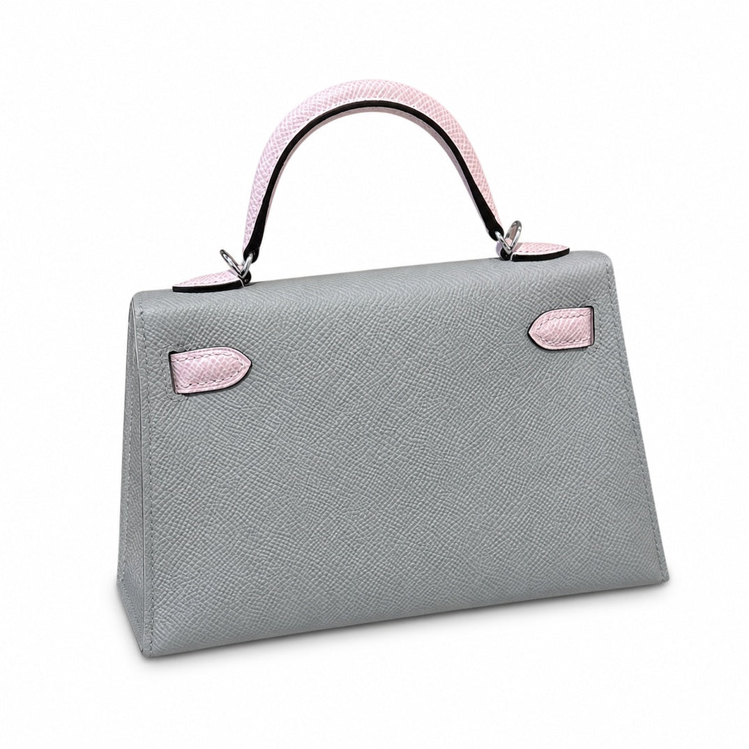 mini kelly 2, 8u/Blue glacier/09/Mauve pale, Epsom, slipr, 19cm, all handmade‼ ️Mini Kelly II, glacier blue and fantasy purple, palm print, silver buckle, 19cm, high-end handmade exclusive customizati