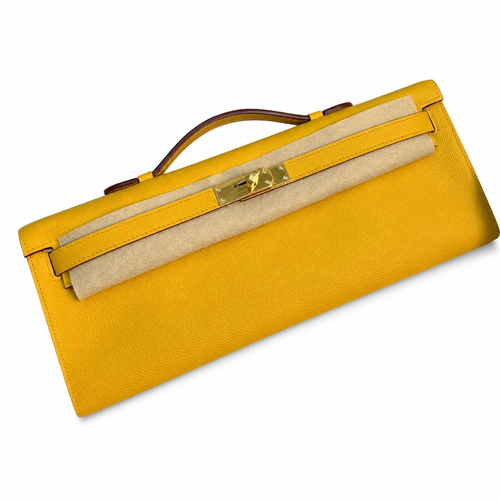 Kelly cut clutch, evening bag, epsom leather, wax thread hand-sewing, amber yellow, gold buckle