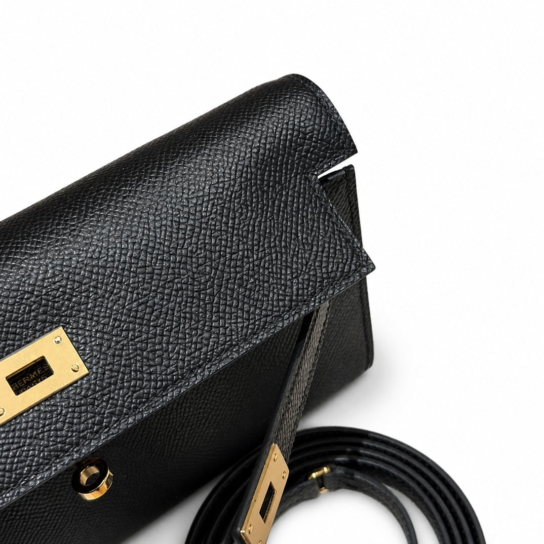Style: Kelly to go Color: ck89/noir Size: 19*11.5*1.5cm Leather: epsom From France Hardware: gold shoulder crossbody bag, clutch bag, black, cowhide, gold buckle, high-end handmade exclusive customiza