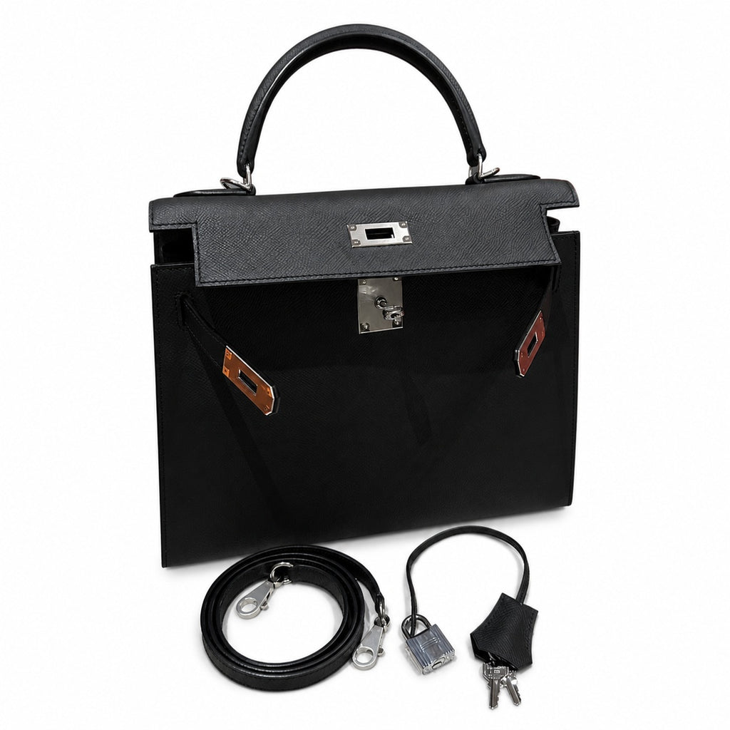 kelly32cm, ck89/Black, Epsom, sliver, all handmade‼ ️Kelly 32cm, black, palm print, silver buckle, high-end handmade exclusive customization‼ ️Purely hand-made nails, hand-engraved hardware, fine stee