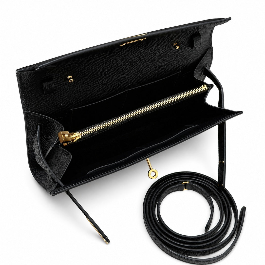 Style: Kelly to go Color: ck89/noir Size: 19*11.5*1.5cm Leather: epsom From France Hardware: gold shoulder crossbody bag, clutch bag, black, cowhide, gold buckle, high-end handmade exclusive customiza