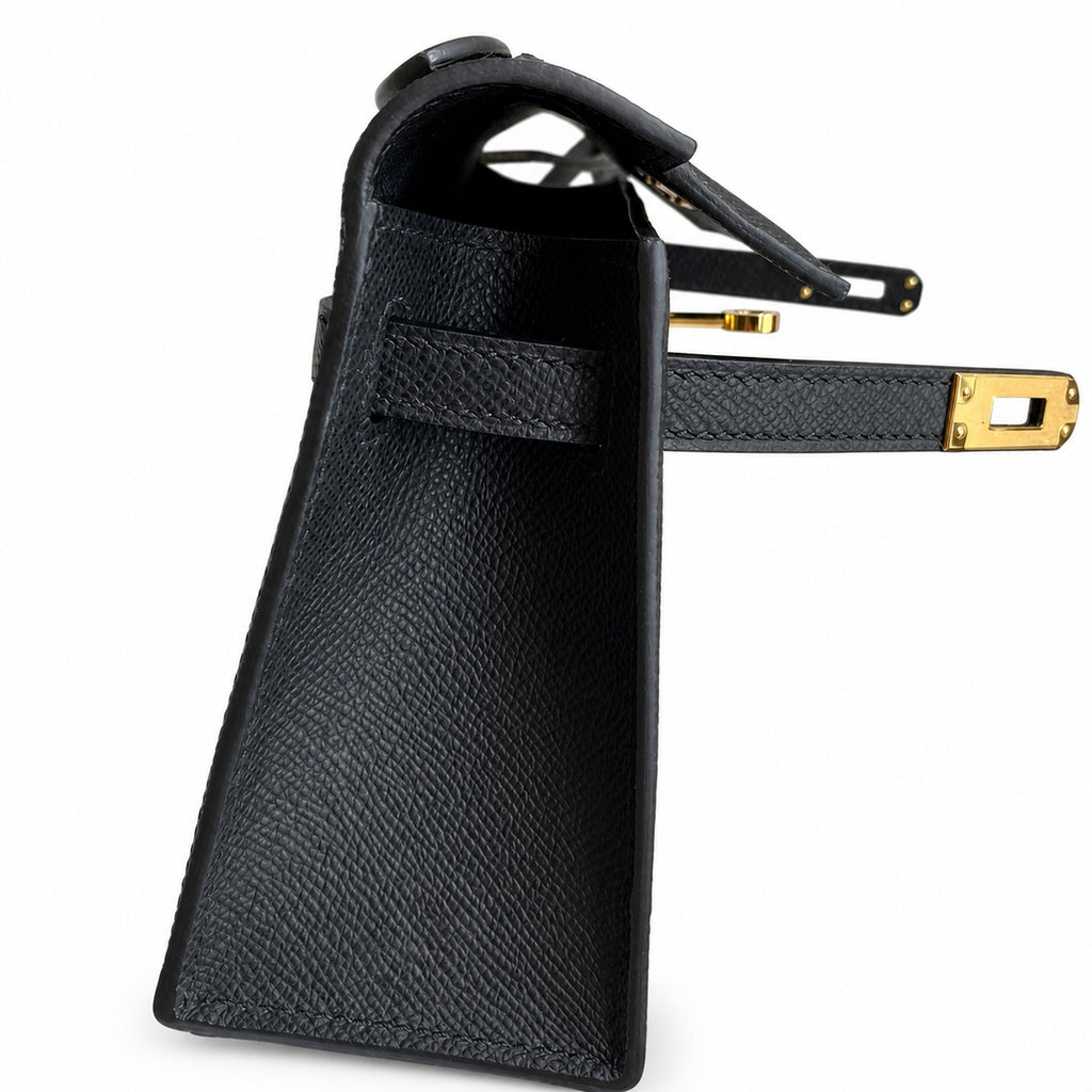 First generation handbag evening bag Kelly 22cm Epsom leather black gold buckle wax thread