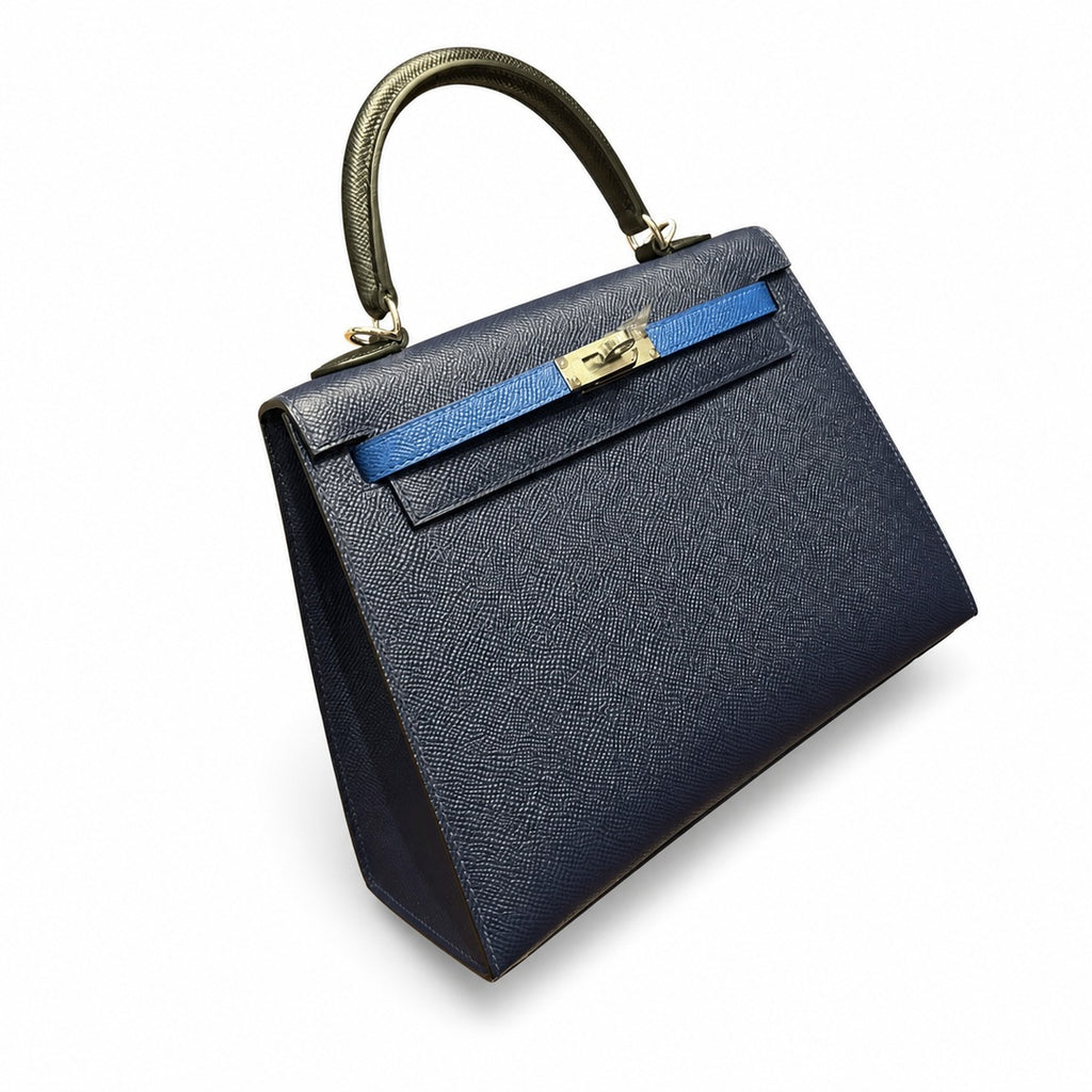Kelly 25cm Epsom leather 2Z Blue Nuit midnight blue with 89 Noir black with 71 Bleu France French blue top handcraft! Counter quality!
