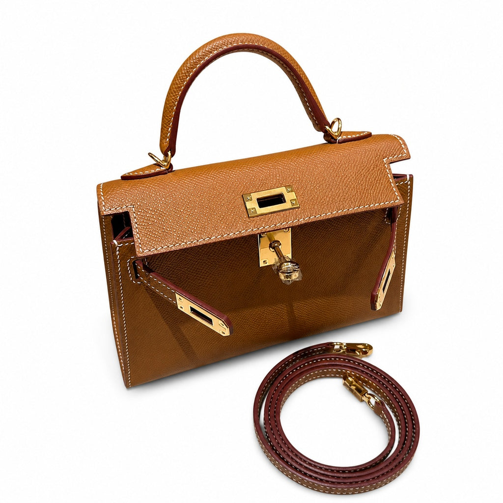mini kelly 2, ck37/Gold, Epsom, gold, 19cm, all handmade‼ ️Mini Kelly II, golden brown, palm print, gold buckle, 19cm, high-end fully handmade and customized‼ ️Purely hand-made nails, hand-engraved ha