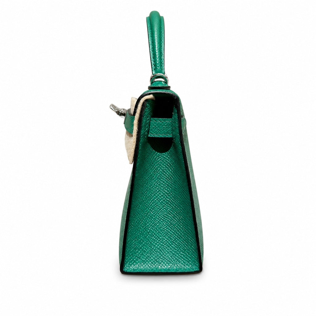 mini kelly 2, U4/Vert Verigo, Epsom, silver, 19cm, all handmade‼ ️Mini Kelly II, velvet green, palm print, silver buckle, 19cm, high-end fully handmade and customized‼ ️Purely hand-made nails, hand-en