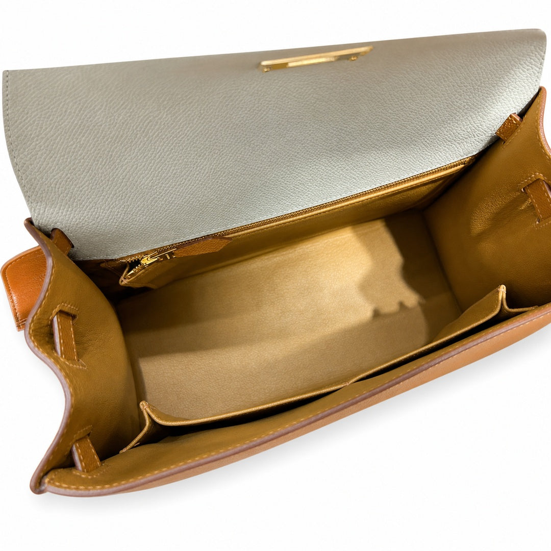 Kelly 28cm Epsom Leather S2 Trench Windbreaker Gray and 37 Gold Golden Brown Top Handmade! Counter quality!