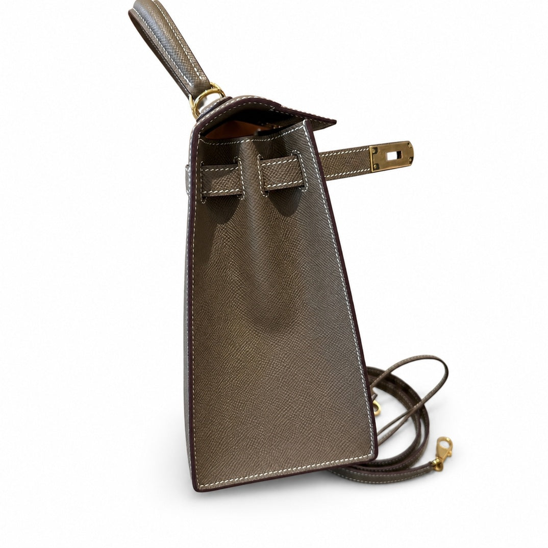 kelly28cm, ck18/Etoupe, Epsom, gold, all handmade‼ ️Kelly 28cm, elephant gray, palm print, gold buckle, high-end handmade exclusive customization‼ ️Purely hand-made nails, hand-engraved hardware, fine
