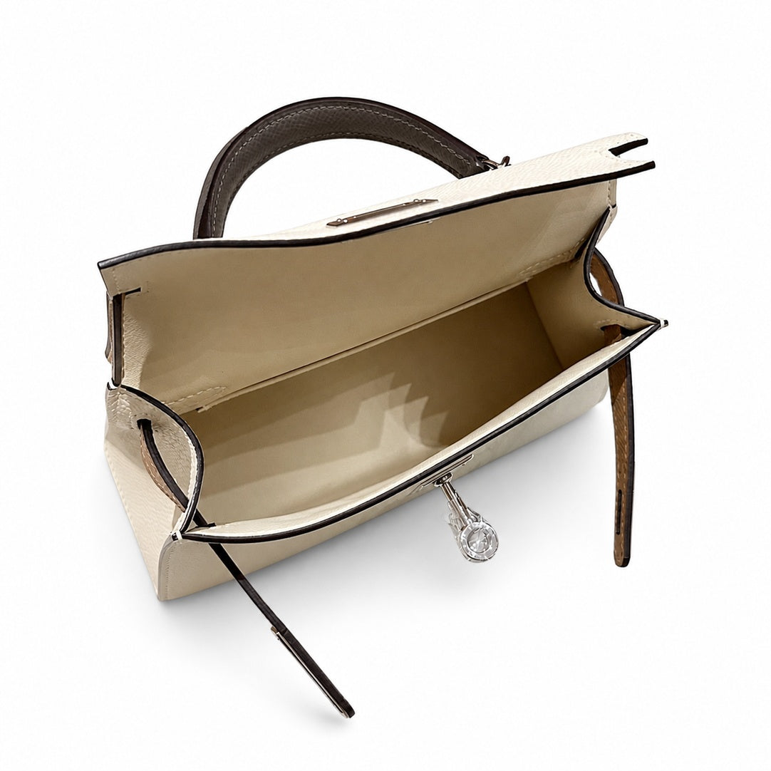mini kelly 2, i2/Nata-0M/Chai-0L/Gris Meyer, Epsom, sliver, 19cm, all handmade‼ ️Mini Kelly II, cream white with striped milk tea color and cumulonimbus gray armband, palm print, silver buckle, 19cm,