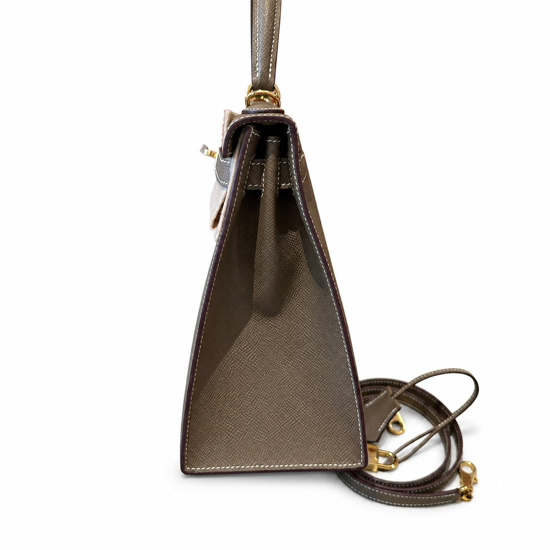 kelly28cm, ck18/Etoupe, Epsom, gold, all handmade‼ ️Kelly 28cm, elephant gray, palm print, gold buckle, high-end handmade exclusive customization‼ ️Purely hand-made nails, hand-engraved hardware, fine