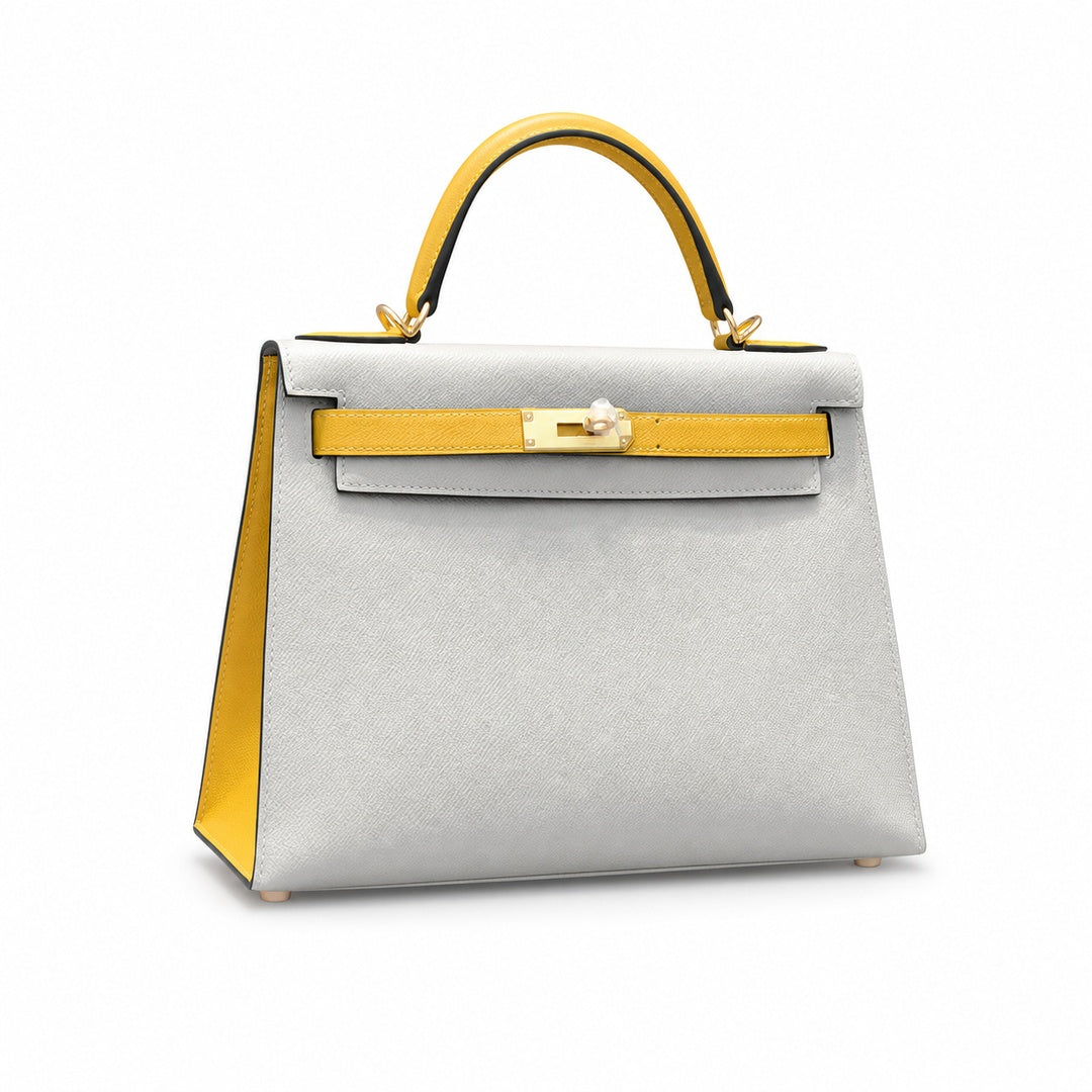 Kelly 28cm Epsom Leather S2 Trench Windbreaker Gray and 9D Jaune Amber Top Handmade! Counter quality!