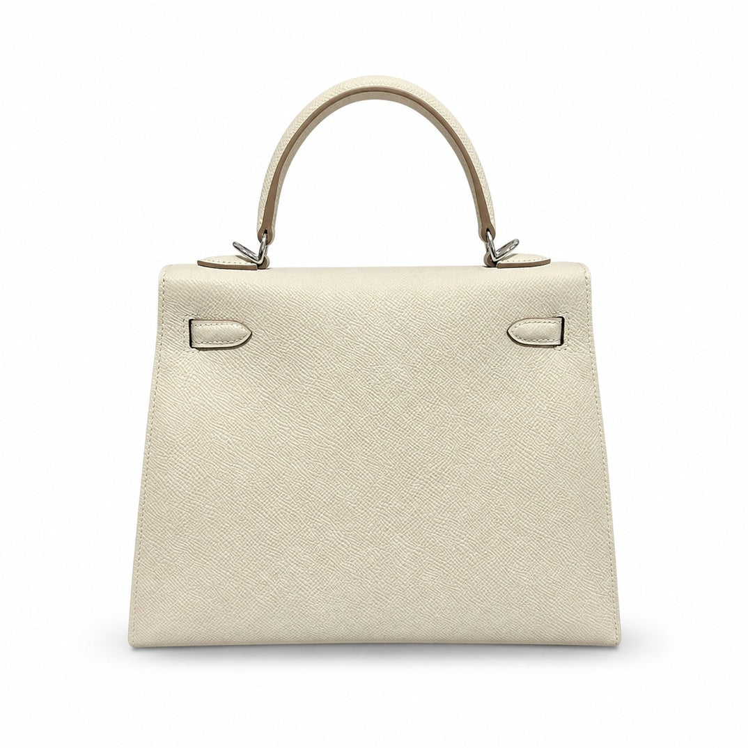 kelly25cm, i2/Nata, Epsom, sliver, all handmade‼ ️Kelly 25cm, cream white, palm print, silver buckle, high-end handmade exclusive customization‼ ️Purely hand-made nails, hand-engraved hardware, fine s