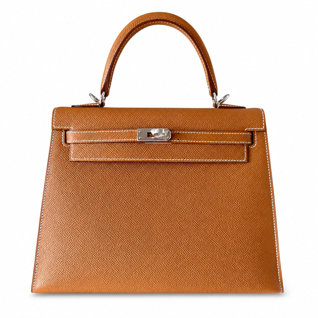 Kelly25cm Epsom original palm print leather ck37 golden brown Gold silver buckle PHW top quality fully hand-sewn Stock