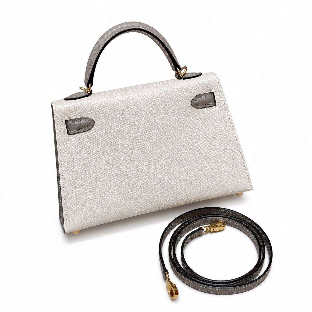 Style: mini kelly Color: ck10/craie/M8/Gris Asphalte Size: 19*12*5.5cm Leather: epsom From France Hardware: gold Mini Kelly second generation, milkshake white and starry sky gray, palm print cowhide i