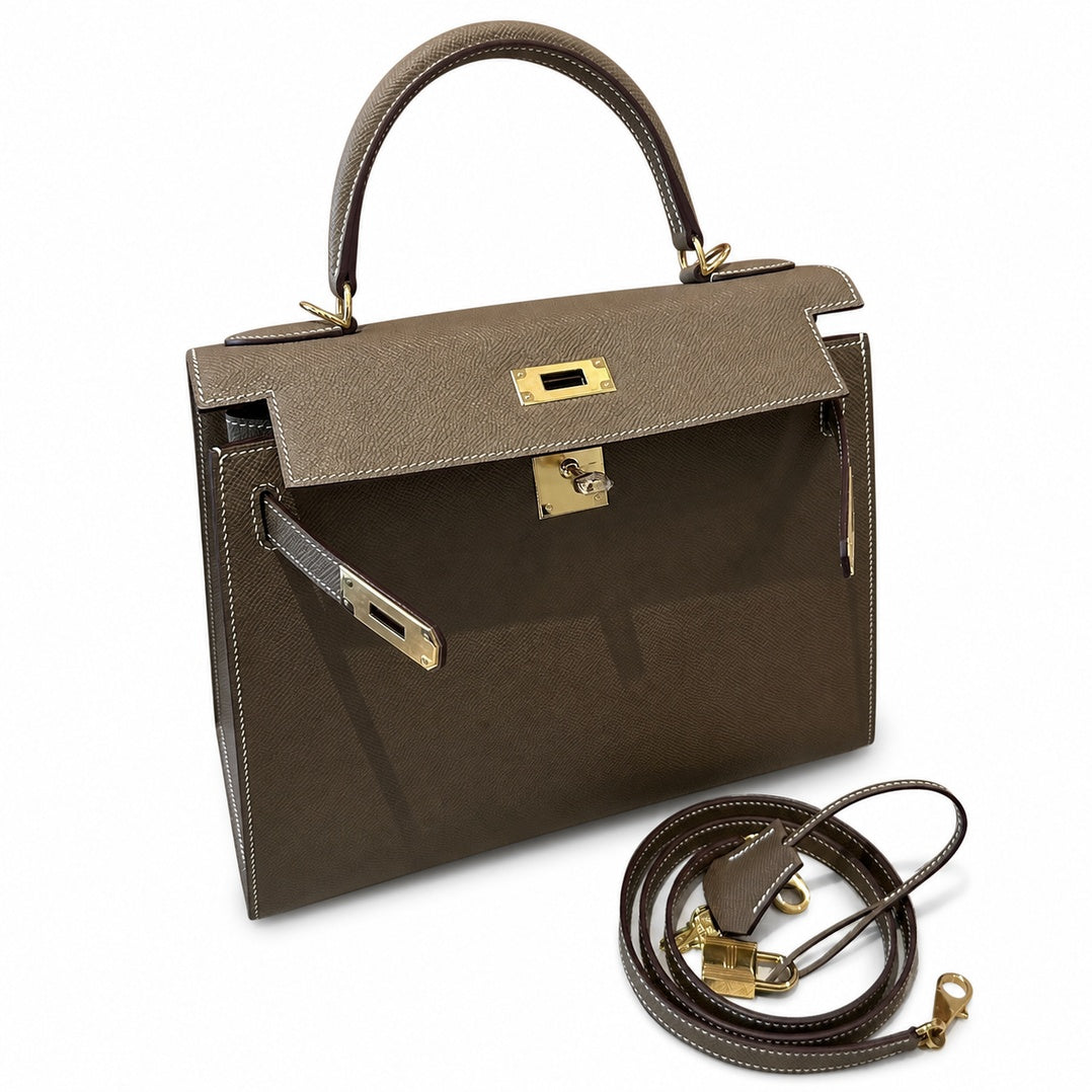 kelly28cm, ck18/Etoupe, Epsom, gold, all handmade‼ ️Kelly 28cm, elephant gray, palm print, gold buckle, high-end handmade exclusive customization‼ ️Purely hand-made nails, hand-engraved hardware, fine