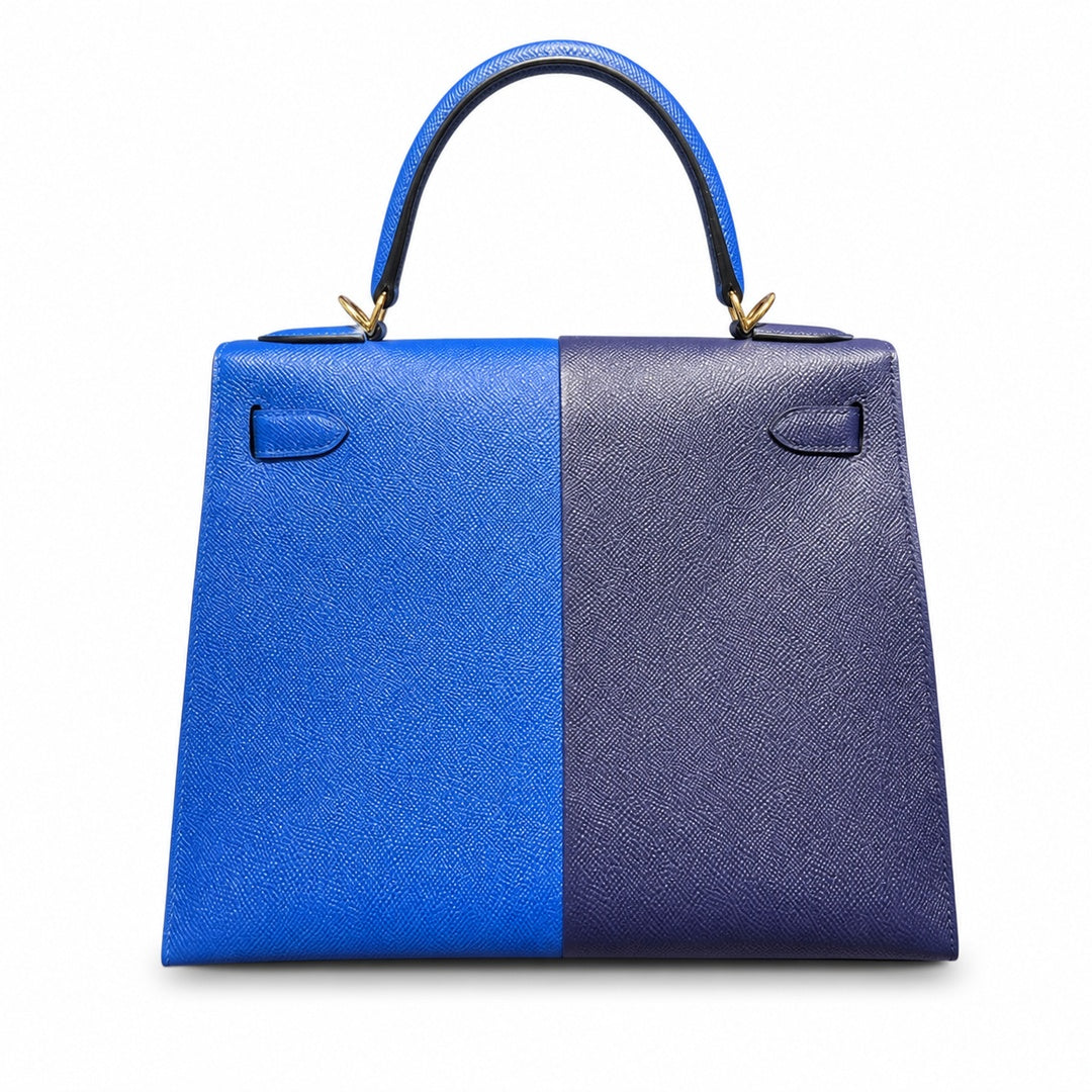 Kelly 28cm Epsom leather 73 Bleu Saphir sapphire blue combined with 71 Bleu France French blue top handcraft! Counter quality!