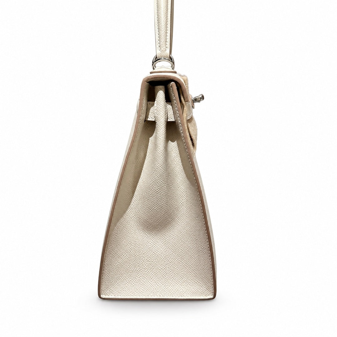 kelly28cm, ck10/Craie, Epsom, sliver, all handmade‼ ️Kelly 28cm, milkshake white, palm print, silver buckle, high-end handmade exclusive customization‼ ️Purely hand-made nails, hand-engraved hardware,
