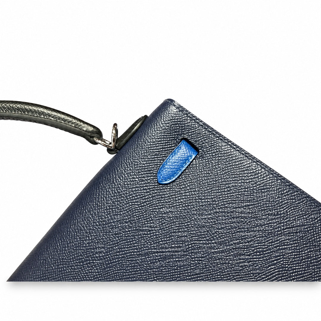 Kelly 25cm Epsom leather 2Z Blue Nuit midnight blue with 89 Noir black with 71 Bleu France French blue top handcraft! Counter quality!