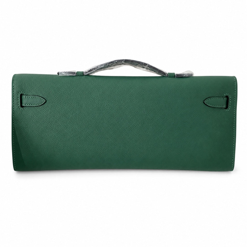 Kelly cut 31 clutch epsom malachite green silver buckle in stock
