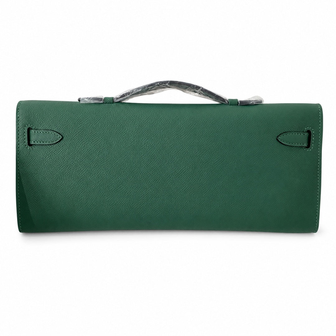 Kelly cut 31 clutch epsom malachite green silver buckle in stock