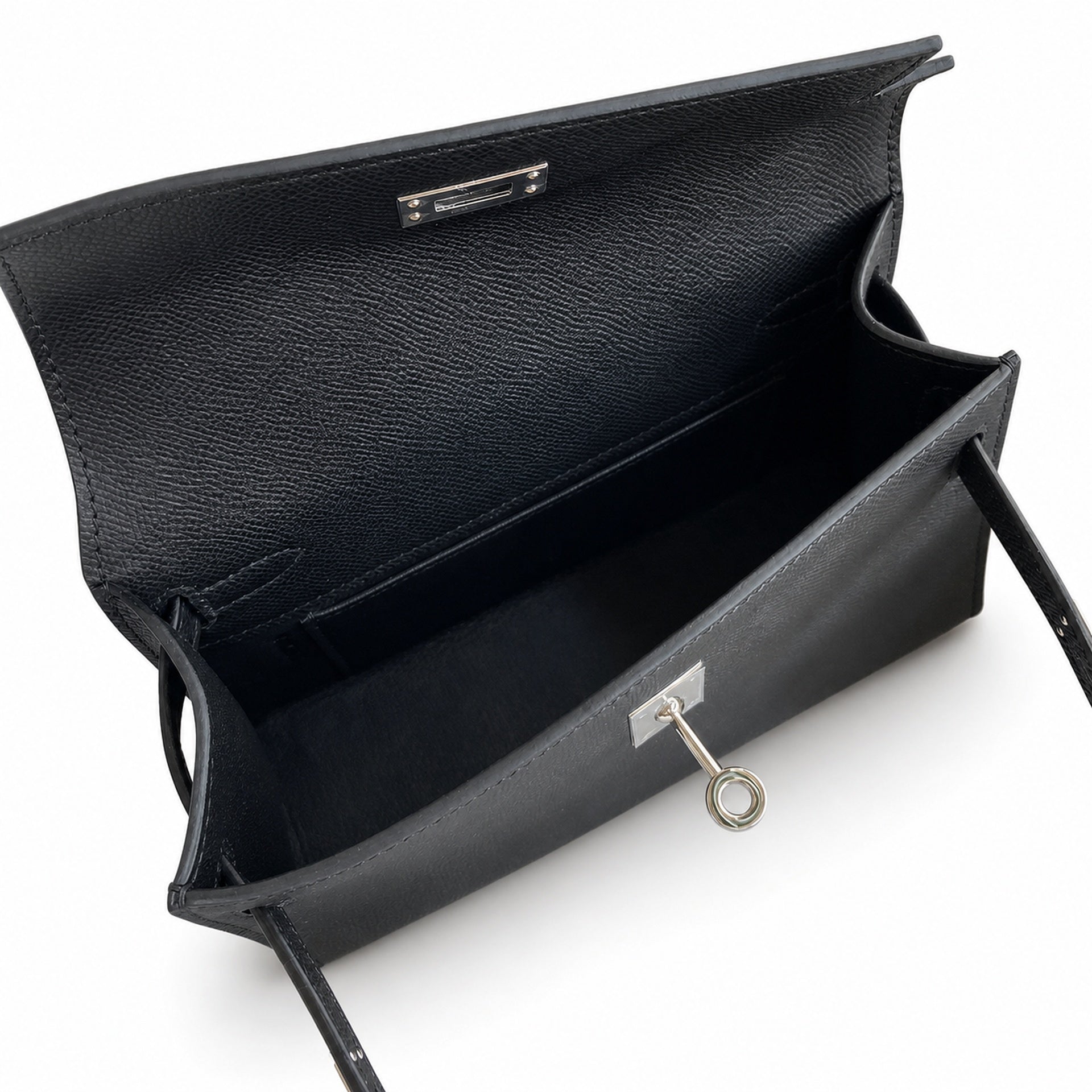 First generation handbag evening bag Kelly 22cm Epsom leather black silver buckle wax thread