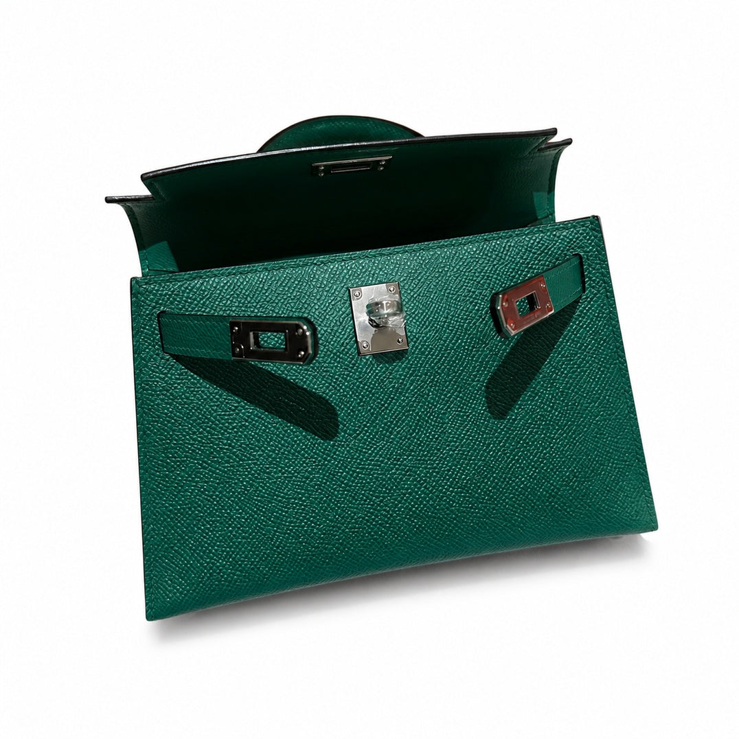 mini kelly 2, U4/Vert Verigo, Epsom, silver, 19cm, all handmade‼ ️Mini Kelly II, velvet green, palm print, silver buckle, 19cm, high-end fully handmade and customized‼ ️Purely hand-made nails, hand-en