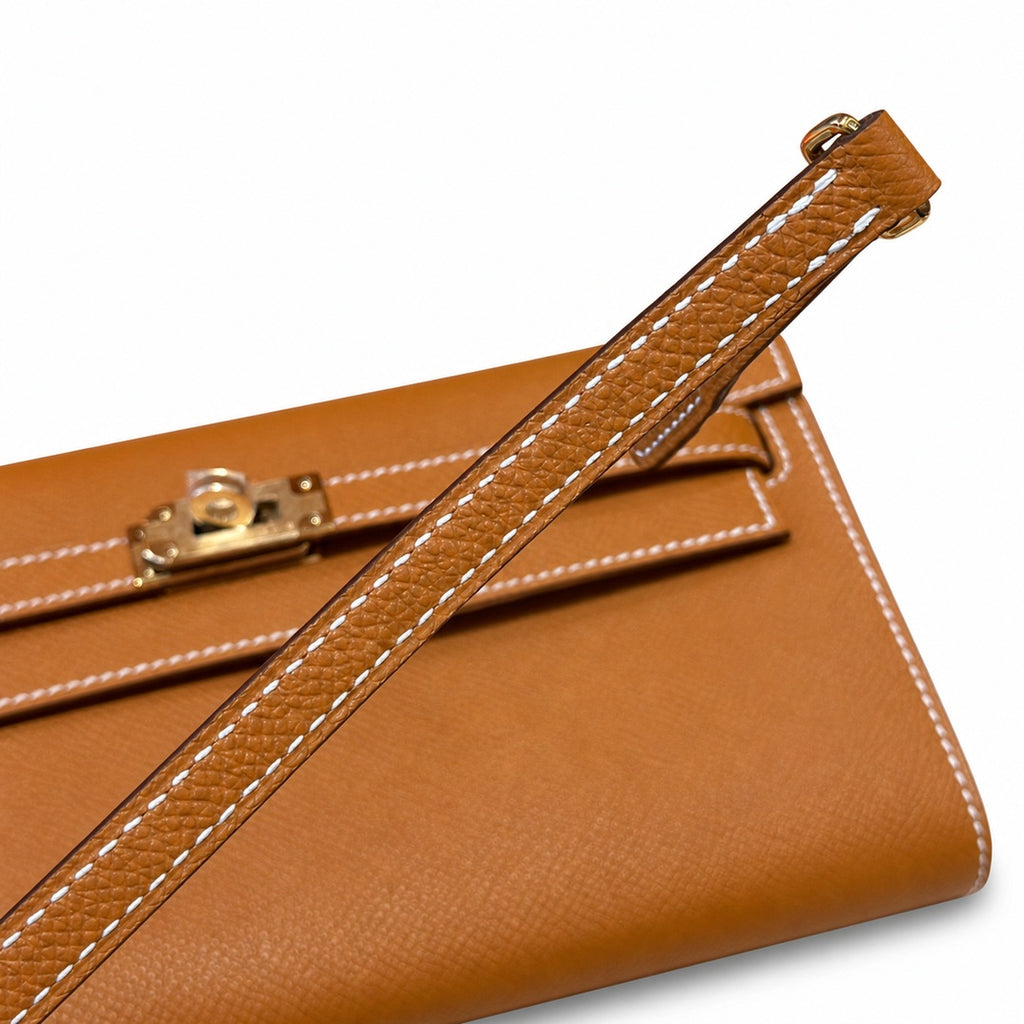 Style: Kelly to go Color: ck37/gold Size: 19*11.5*1.5cm Leather: epsom From France Hardware: gold Kelly crossbody bag, golden brown, cowhide, gold buckle, high-end handmade exclusive customization‼ ️P