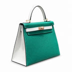 Kelly 28cm Epsom leather U4 Vert Vertigo velvet green with 10 Craie milkshake white top handcraft! Counter quality!