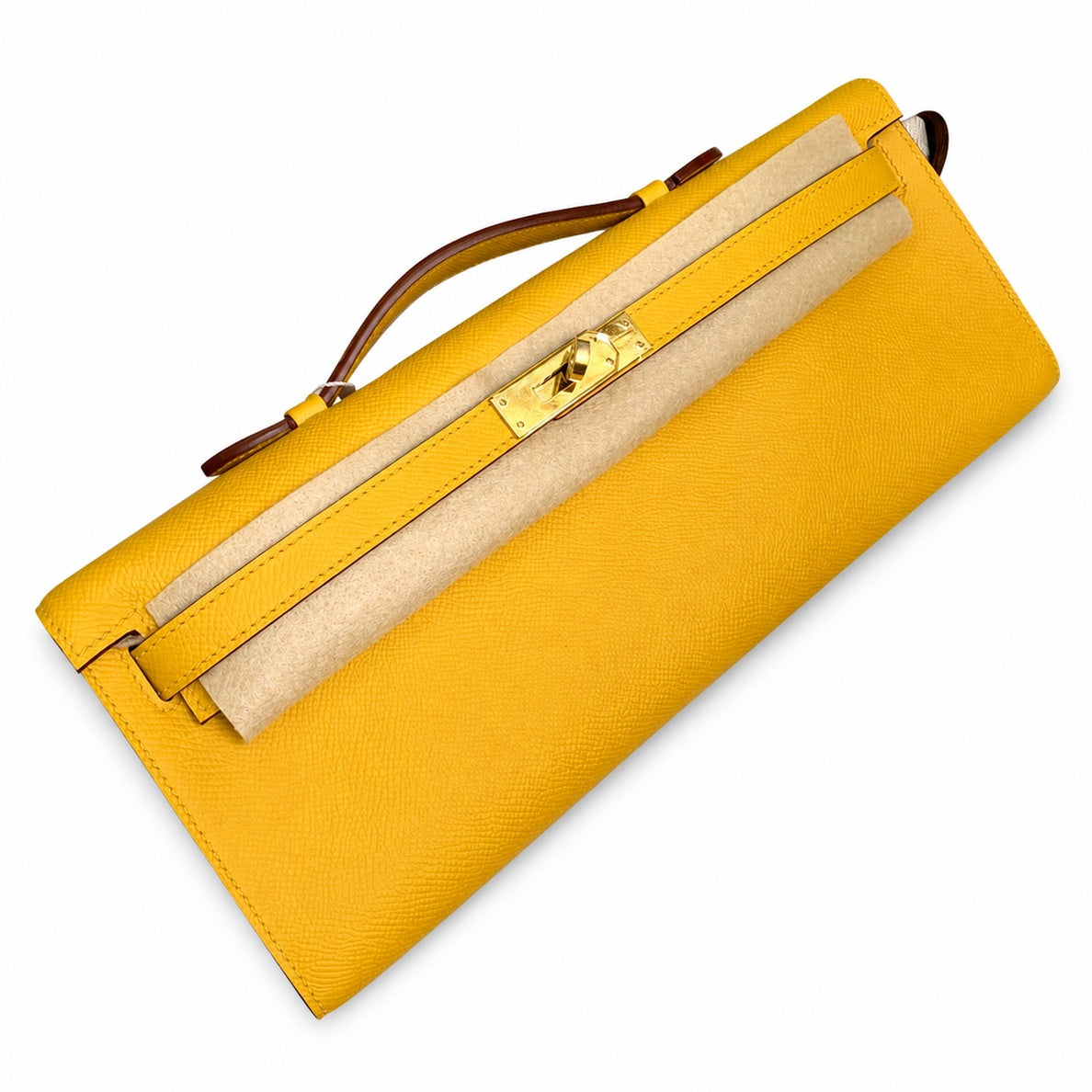 Kelly cut clutch, evening bag, epsom leather, wax thread hand-sewing, amber yellow, gold buckle