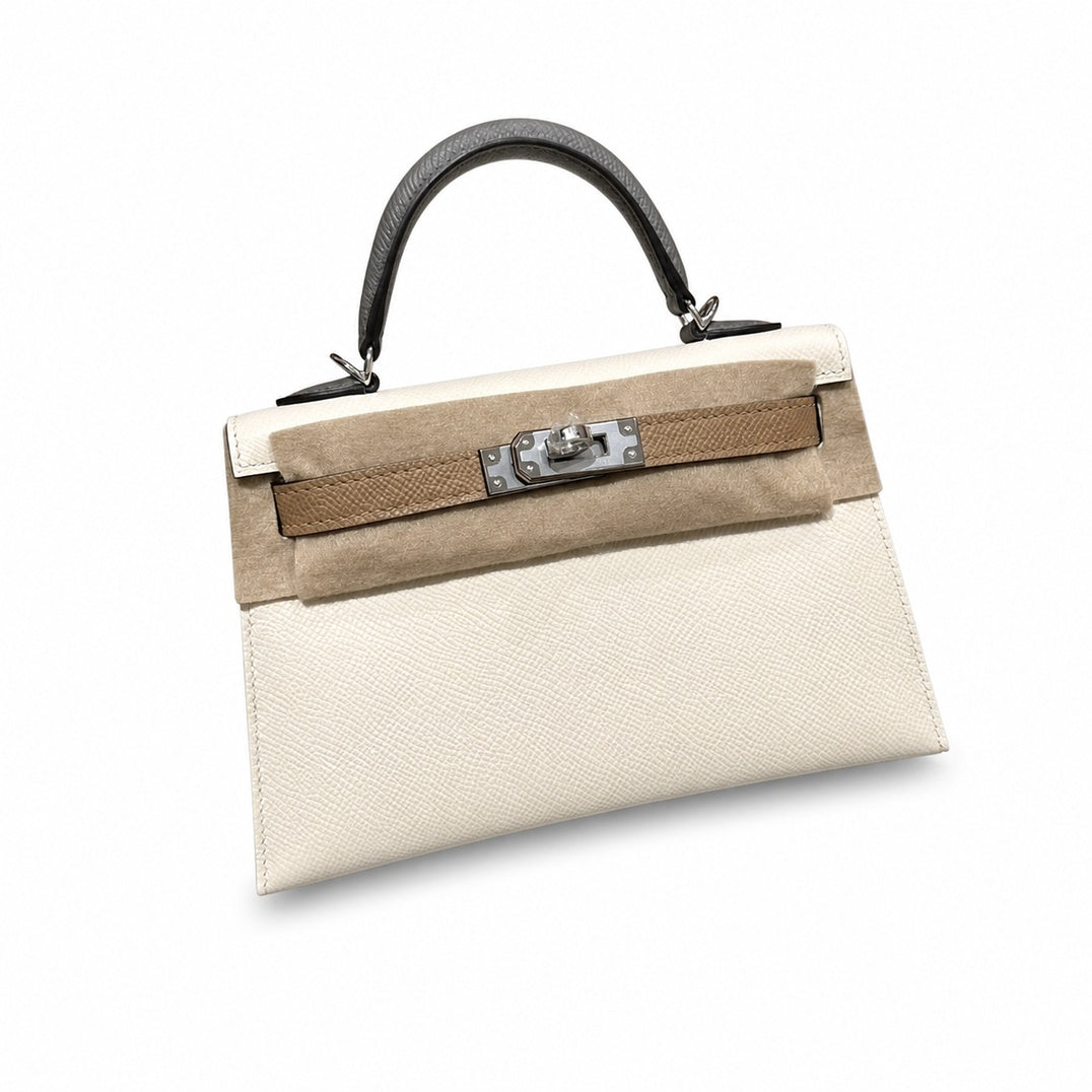 mini kelly 2, i2/Nata-0M/Chai-0L/Gris Meyer, Epsom, sliver, 19cm, all handmade‼ ️Mini Kelly II, cream white with striped milk tea color and cumulonimbus gray armband, palm print, silver buckle, 19cm,