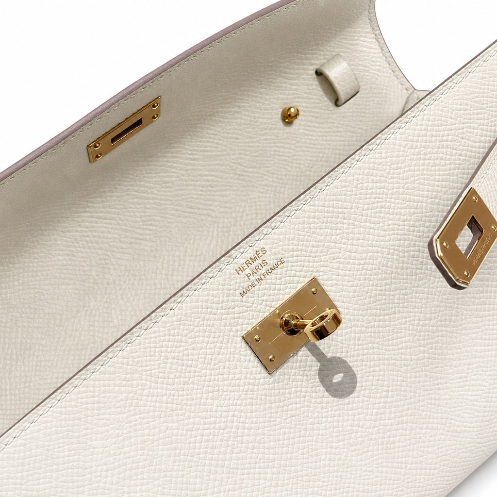 Style: Kelly to go Color: ck10/Craie Size: 19*11.5*1.5cm Leather: epsom From France Hardware: gold Kelly crossbody bag, milkshake white, cowhide, gold buckle, high-end handmade exclusive customization