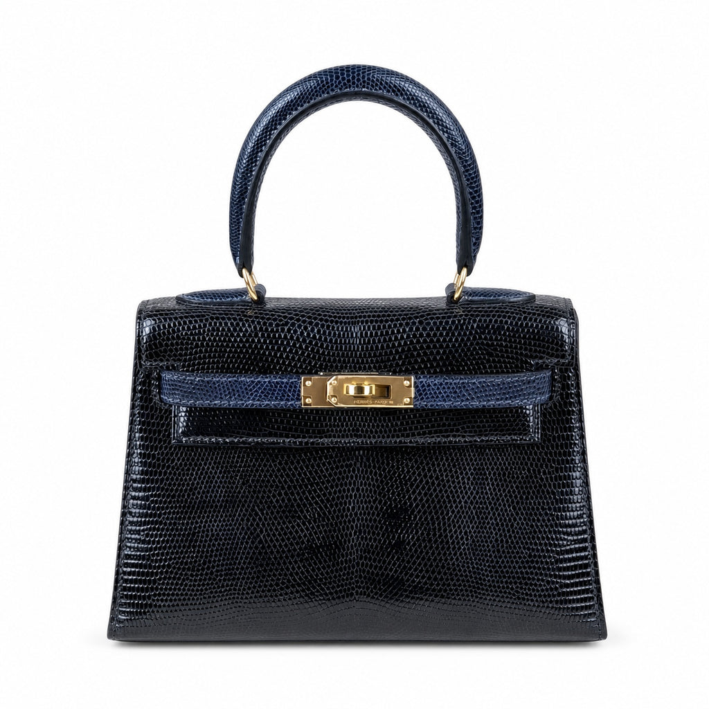 Kelly big ears, black with sapphire blue, original lizard leather, 20cm, completely handmade inside and outside, original hardware, shoulder strap❤️