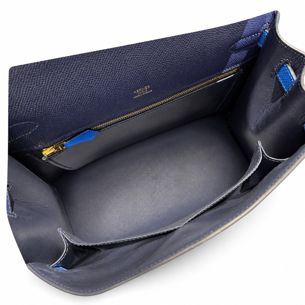 Kelly 28cm Epsom leather 73 Bleu Saphir sapphire blue combined with 71 Bleu France French blue top handcraft! Counter quality!