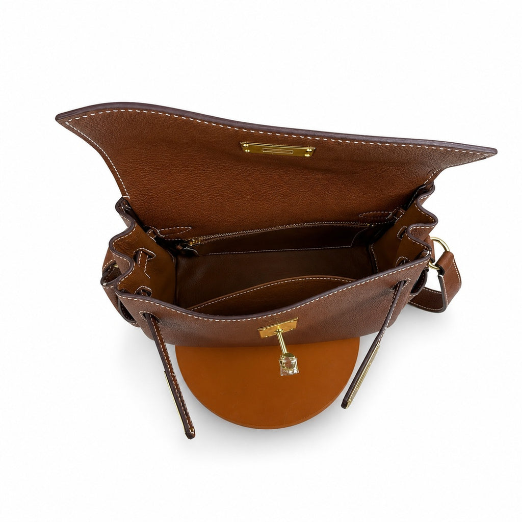 🆕 In stock Kelly Messenger messenger bag for men and women, Fubao leather gold brown gold buckle, imported leather, all-steel hand-waxed thread, the highest cost performance on the Internet. The class