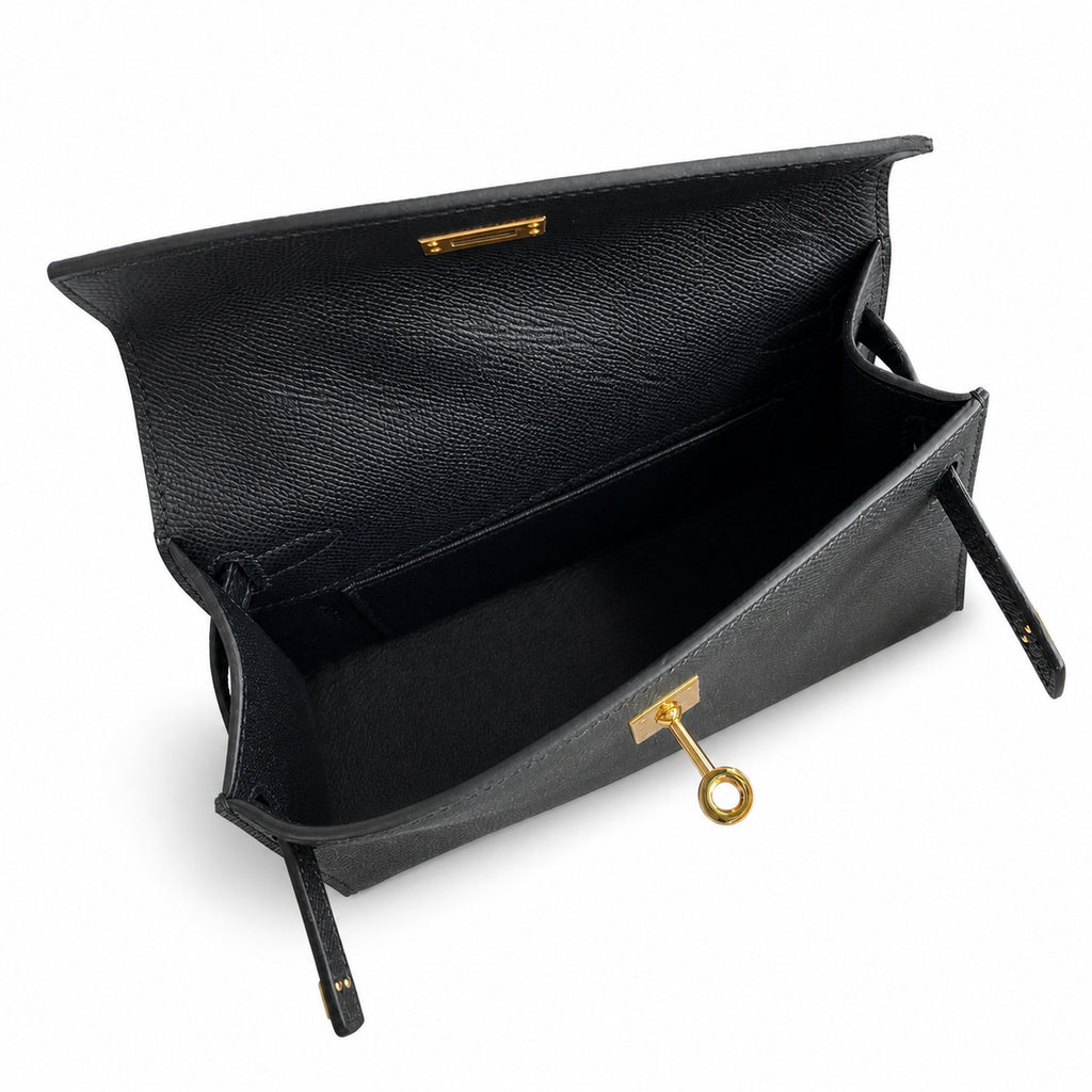 First generation handbag evening bag Kelly 22cm Epsom leather black gold buckle wax thread