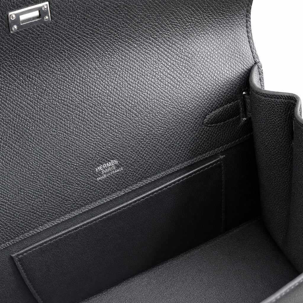 First generation handbag evening bag Kelly 22cm Epsom leather black silver buckle wax thread