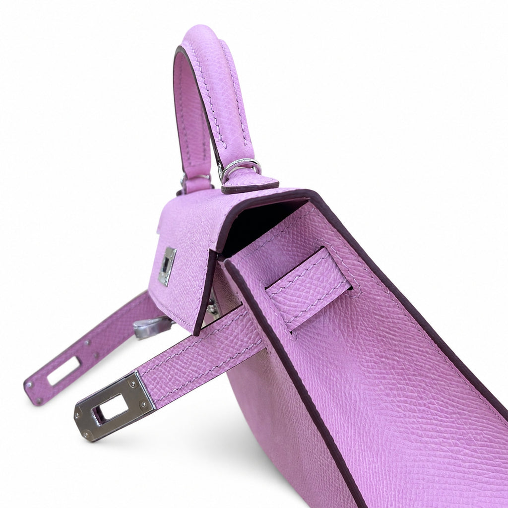 Second generation Mini Kelly 19cm Epsom leather, mallow purple, silver buckle