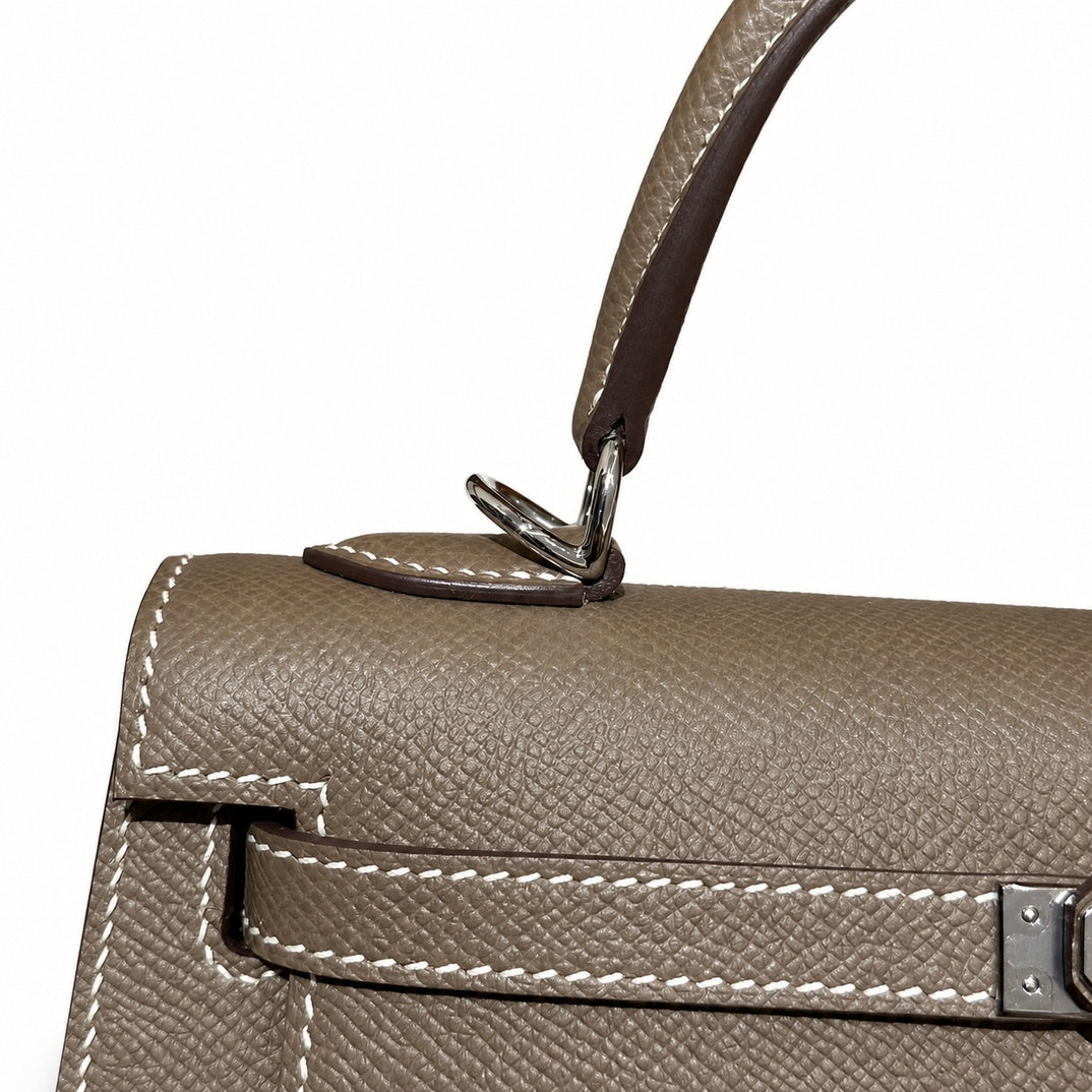kelly25cm, ck18/Etoupe, Epsom, sliver, all handmade‼ ️Kelly 25cm, elephant gray, palm print, silver buckle, high-end handmade exclusive customization‼ ️Purely hand-made nails, hand-engraved hardware,