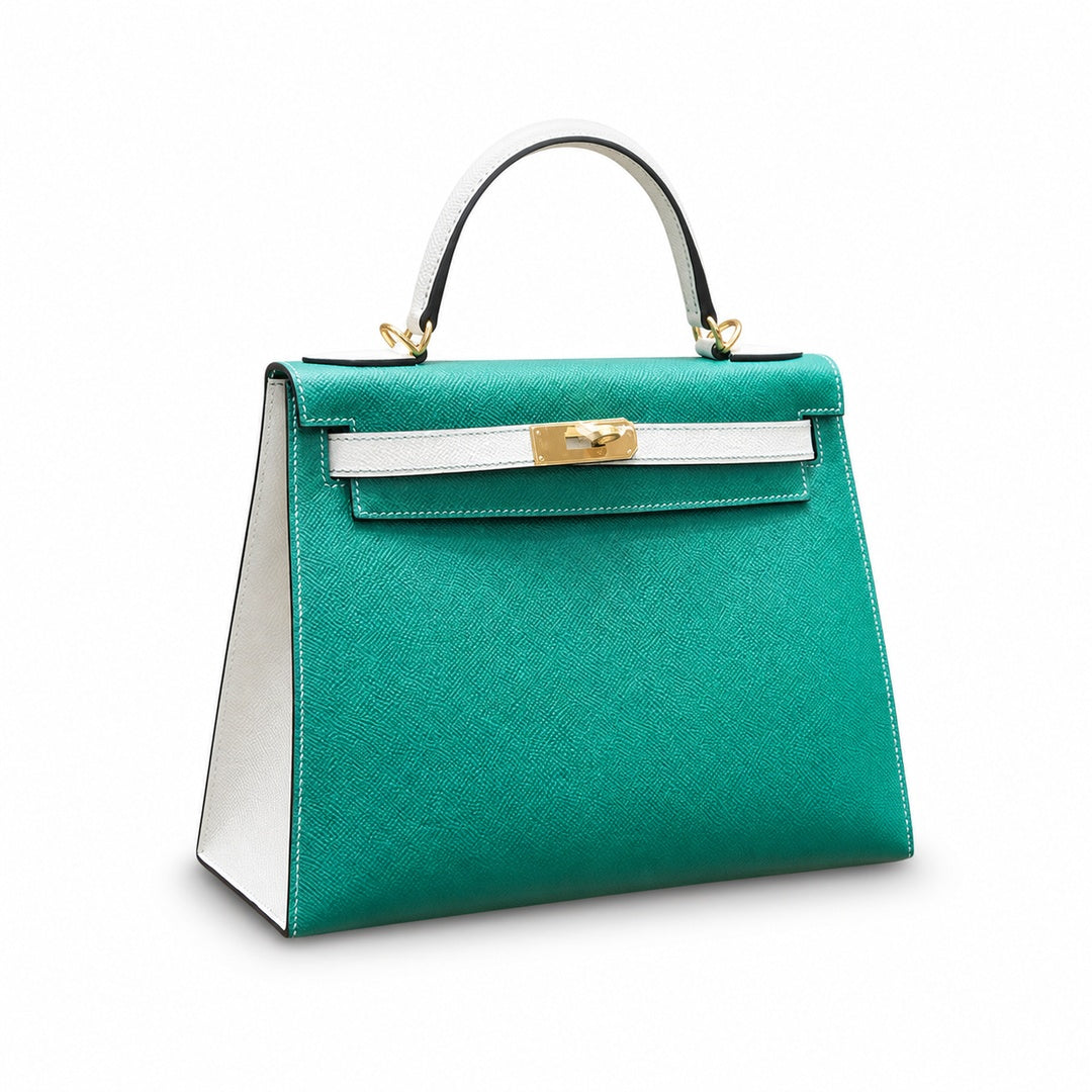 Kelly 28cm Epsom leather U4 Vert Vertigo velvet green with 10 Craie milkshake white top handcraft! Counter quality!
