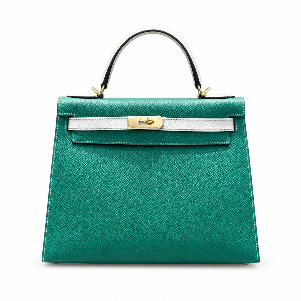 Kelly 28cm Epsom leather U4 Vert Vertigo velvet green with 10 Craie milkshake white top handcraft! Counter quality!