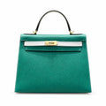 Kelly 28cm Epsom leather U4 Vert Vertigo velvet green with 10 Craie milkshake white top handcraft! Counter quality!