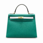 Kelly 28cm Epsom leather U4 Vert Vertigo velvet green with 10 Craie milkshake white top handcraft! Counter quality!