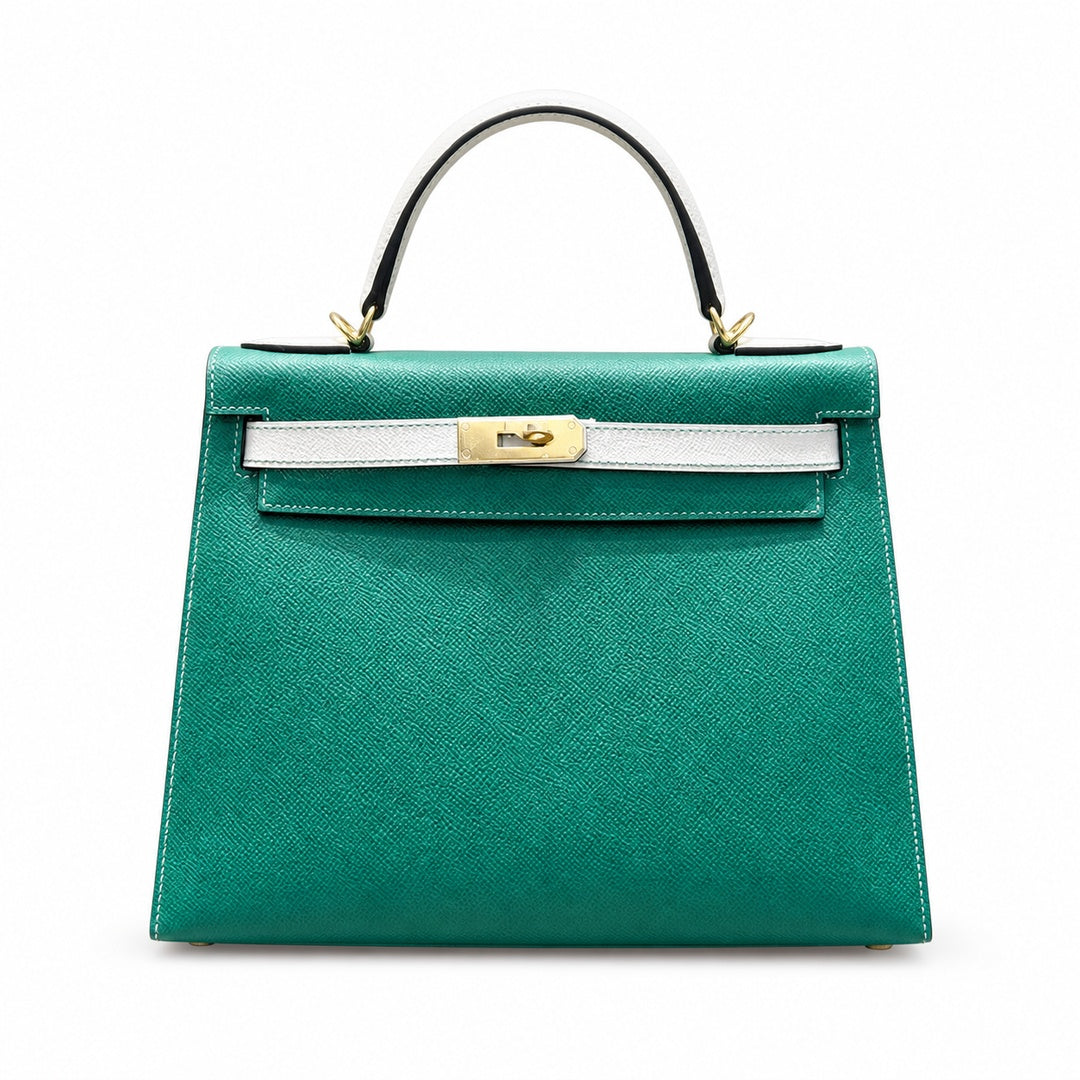 Kelly 28cm Epsom leather U4 Vert Vertigo velvet green with 10 Craie milkshake white top handcraft! Counter quality!