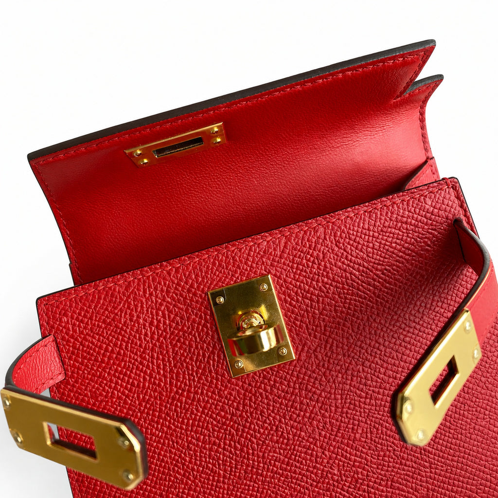 Fully hand-sewn👉Second generation Mini Kelly 19cm imported Epsom leather flag red gold buckle