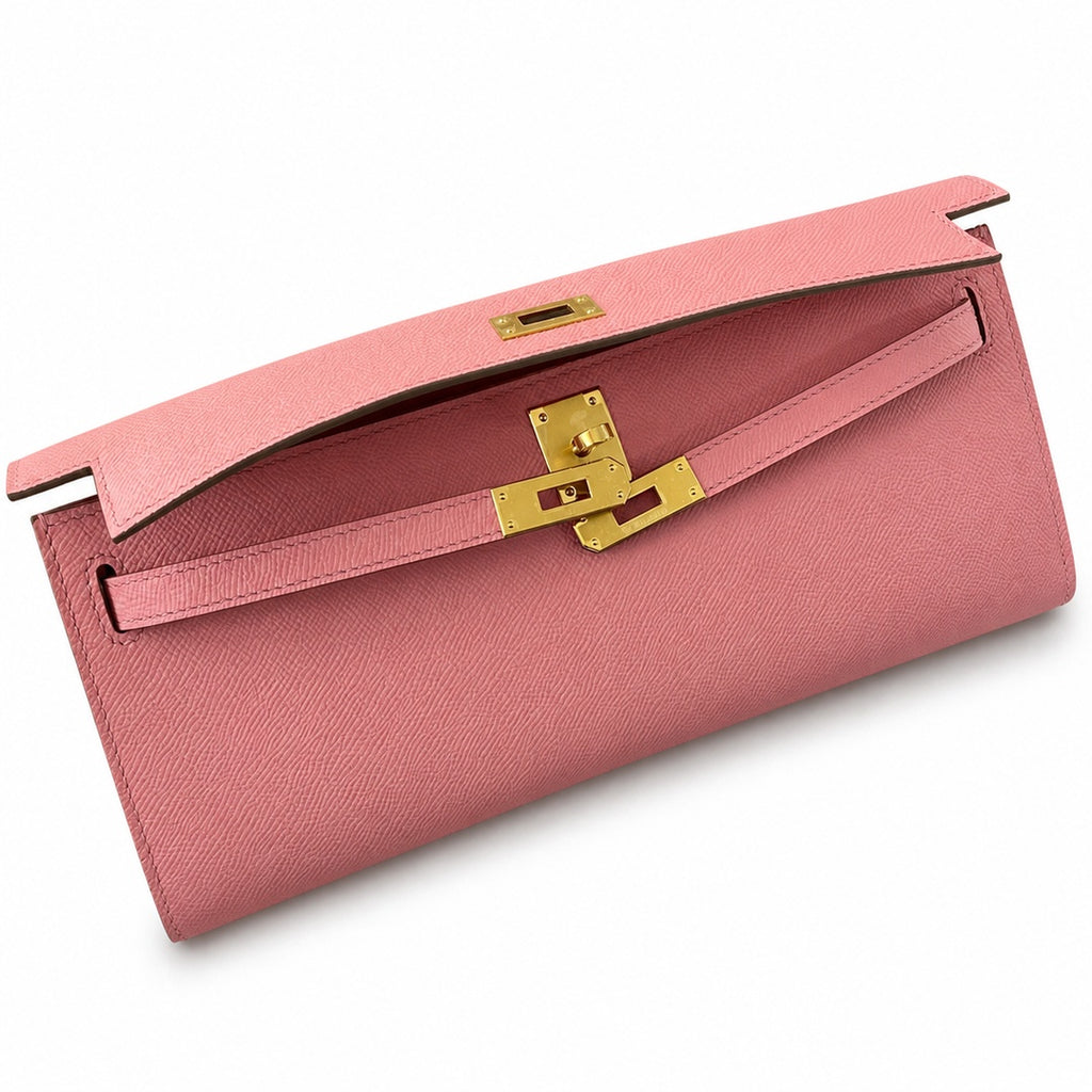 Kelly cut 31 clutch epsom milkshake powder gold buckle in stock